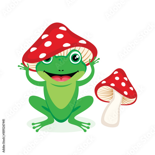 Happy green frog with a toadstool hat on his head vector illustration. Funny smiling green frog and toadstool mushroom icon isolated on a white background. Template for background, banner, card