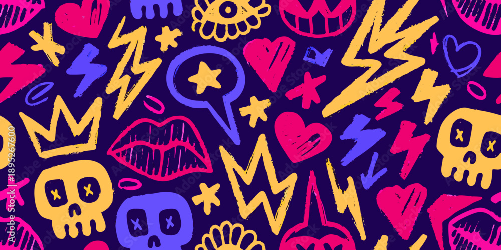 Fototapeta premium Colorful doodle pattern featuring hearts skulls and lightning bolts