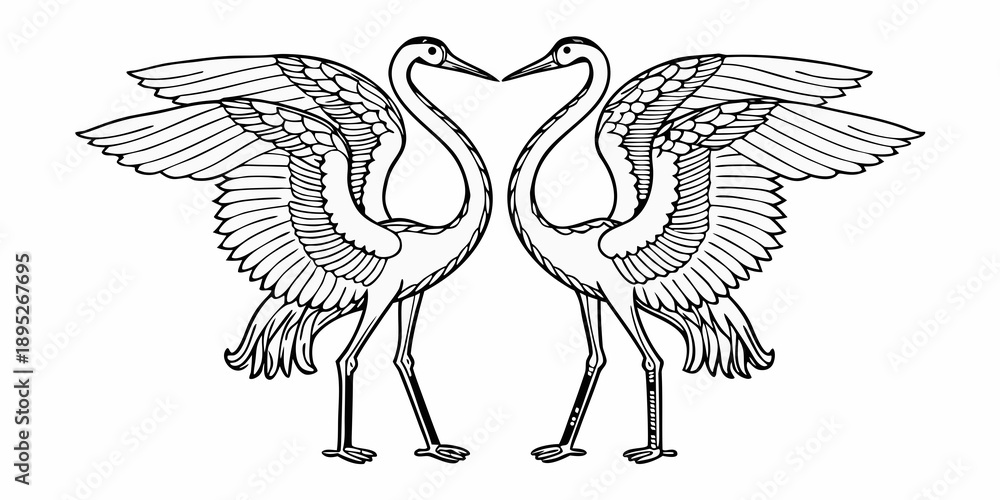 Fototapeta premium Two cranes forming a heart shape in a detailed line art illustration