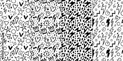 Black and white doodle pattern with hearts stars and lightning bolts