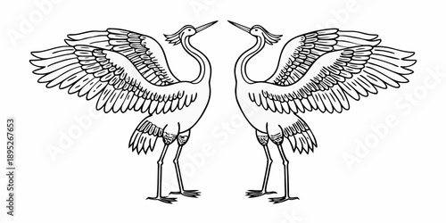 Two cranes facing each other with wings spread a symmetrical illustration