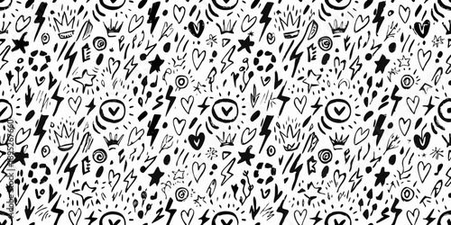 Seamless pattern of hand drawn doodles hearts stars and lightning bolts