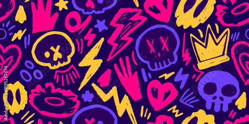 Vibrant doodle pattern featuring skulls hearts and lightning bolts on purple