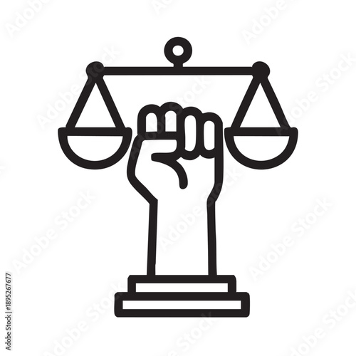 justice and strength symbol with a fist holding a balance on a pedestal