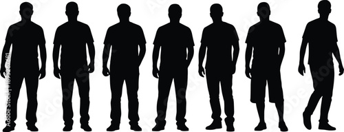 Silhouette group of men standing in different poses, representing people, masculinity, lifestyle, diversity, community, and modern human characters vector illustration