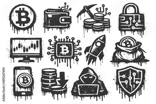 Grunge-style cryptocurrency icons featuring bitcoin and cybersecurity elements.