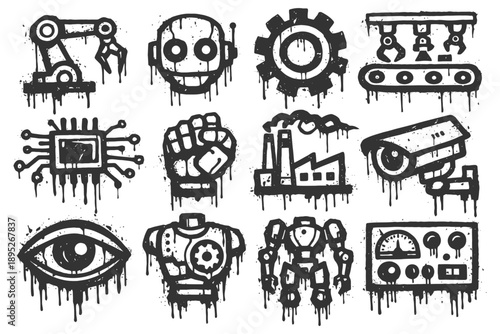 Industrial icons: robotics, automation, surveillance, and technology.