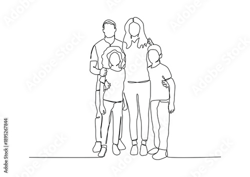 continuous one line art of family standing together, vector illustration.