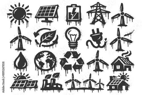 Grunge-style renewable energy icons featuring solar, wind, and eco-friendly symbols.