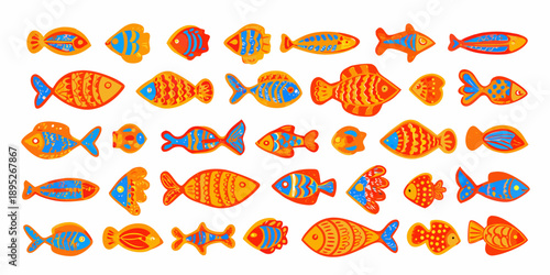 Colorful patterned fish arranged in neat rows on a white background