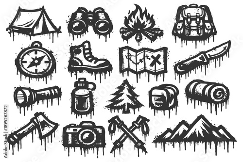 Adventure camping gear icons: tent, backpack, compass, boots, campfire.