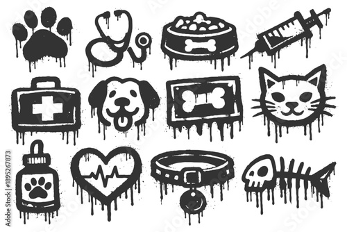 Grunge-style pet care icons: dog, cat, veterinary, heartbeat, syringe.