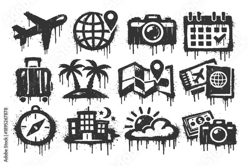 Grunge travel icons: airplane, camera, globe, calendar, suitcase, palm trees, map, compass, hotel, sun, money.