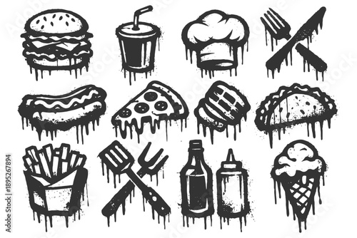 Dripping black and white food icons: burger, pizza, hotdog, chef hat, ice cream.
