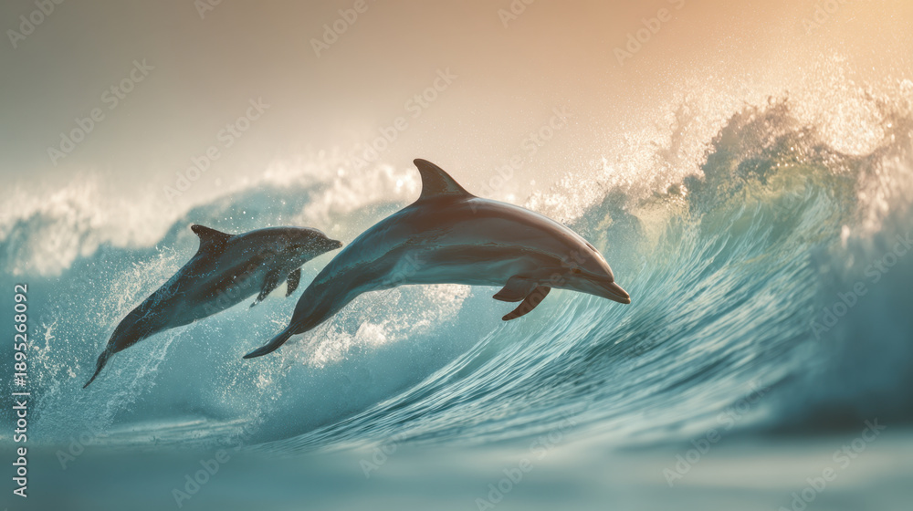 Obraz premium Dolphin ocean wave surf sea wildlife marine water as two graceful animals leap through curling turquoise breaker, sunlit spray and motion capturing coastal energy and freedom