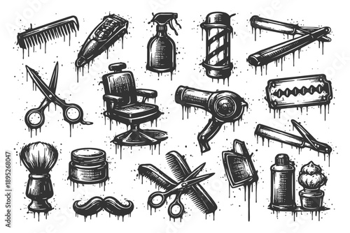 Vintage barber tools collection with scissors, razor, chair, and accessories.