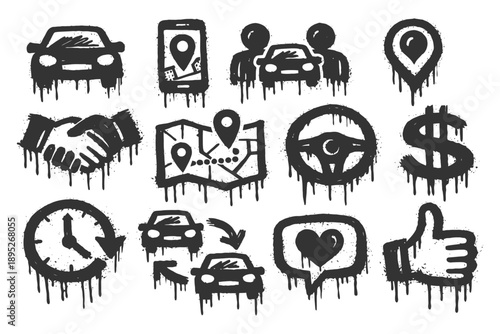 Grunge style rideshare icons: cars, maps, gps, dollar, time, location.