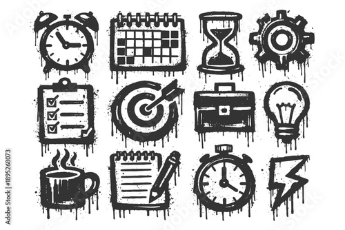 Grunge-style business and time management icons in black and white design.