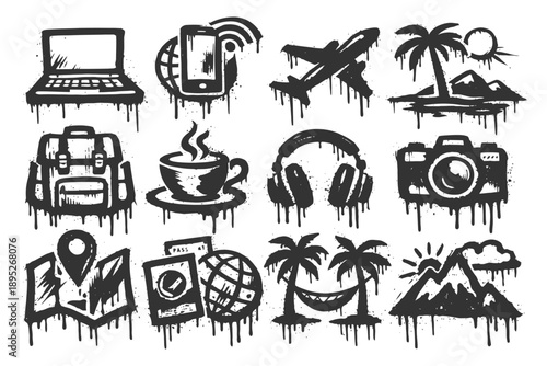 Grunge travel icons set: laptop, phone, plane, beach, backpack, coffee, headphones, camera.