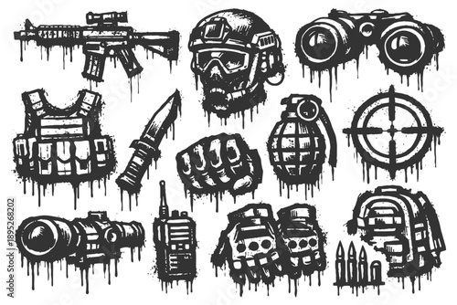 Black and white military equipment and gear illustration with tactical weapons and armor set.