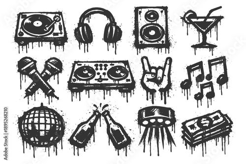 Grunge music icons with dj equipment and party symbols in black ink style.