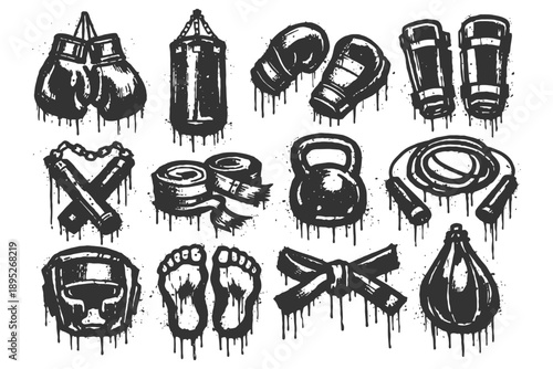 Grunge boxing and martial arts gear icons: gloves, bag, wraps, kettlebell, jump rope.