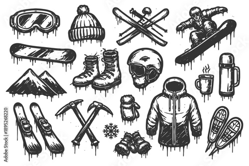 Hand-drawn winter sports gear illustrations with snowboarding and skiing equipment.