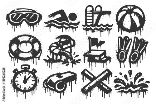 Grunge style summer sports icons with beach and swimming elements.