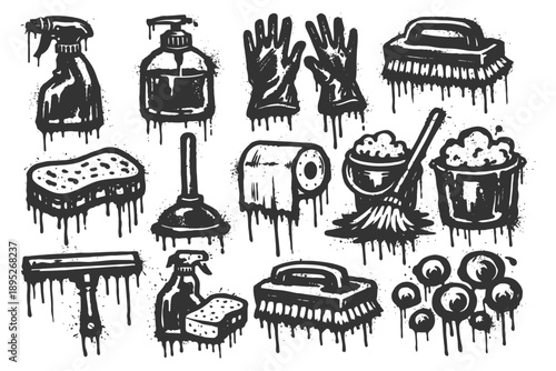Dripping ink style cleaning tools collection: brushes, gloves, sponges, mop, plunger, bucket.
