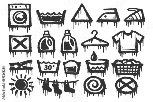 Grungy laundry care symbols collection: washing, drying, ironing icons.