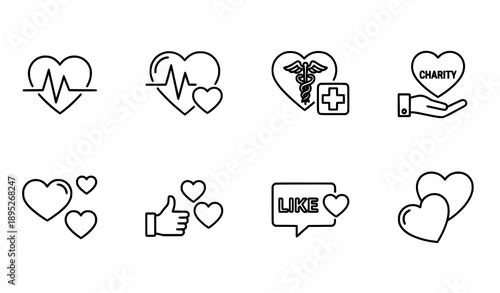 Heart line icons love health care outline vector set
