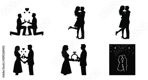 Romantic couple silhouettes in various romantic gestures