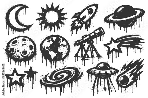 Celestial icons with dripping effect: moon, sun, planets, telescope, ufo, stars, galaxy, rocket.
