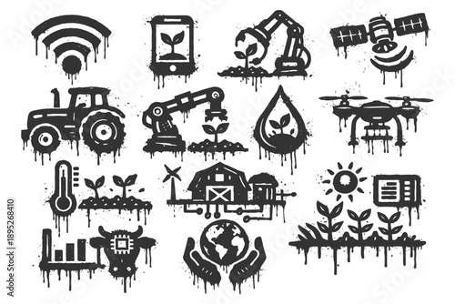 Modern agriculture technology icons set with drone, satellite, tractor, and robotics.