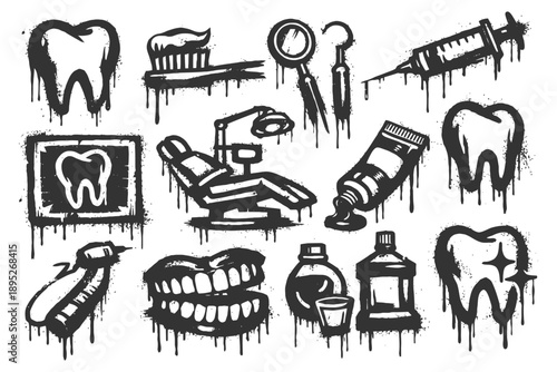 Grunge dental icons: toothbrush, drill, syringe, tools, chair, toothpaste, mouthwash.