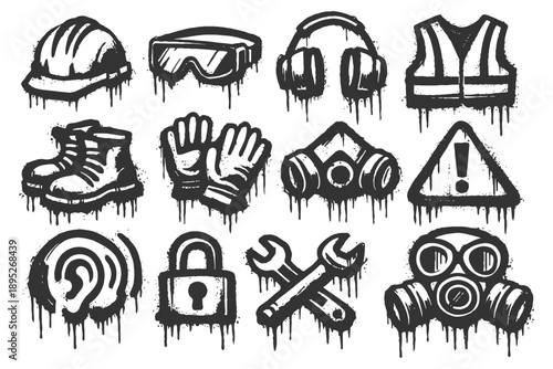 Grunge safety equipment icons: hard hat, goggles, ear protection, and more.