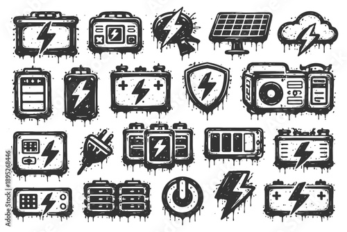 Set of grunge energy icons featuring batteries, solar panels, and power symbols.