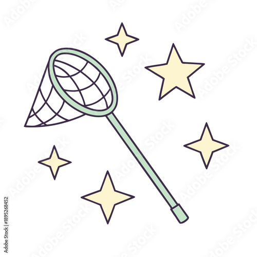 Isolated illustration of green butterfly net catching glowing yellow stars on white background representing collection of ideas or success