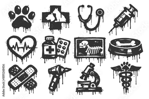 Grunge style veterinary icons: medical tools and animal symbols.