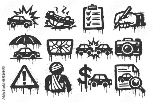 Grunge style car accident icons featuring insurance and safety elements.