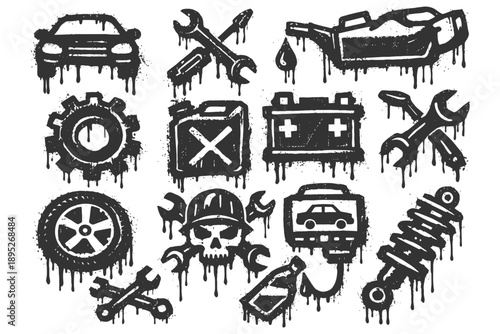 Grungy automotive icons with tools, skull, and car elements in dripping paint style.