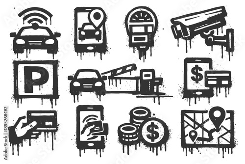 Urban transport icons: parking, payment, surveillance, and navigation symbols.