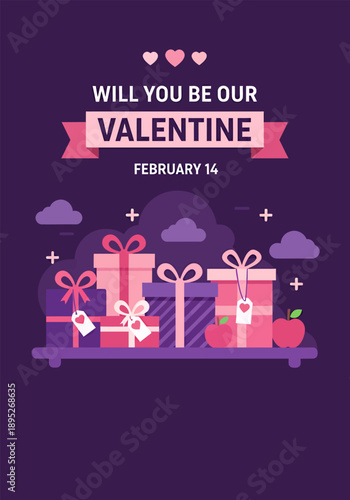Potrait purple banner with gifts to celebrate valentine's day
