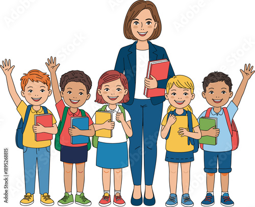 Teacher with happy school children cartoon illustration, diverse students holding books and backpacks, education teamwork concept, classroom learning, and back to school theme.