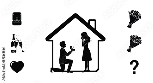 Man proposing to woman inside house silhouette