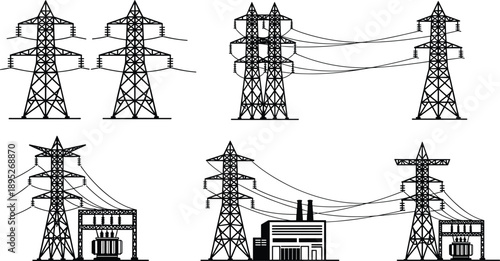 Silhouette electric transmission towers and substations with power lines, representing electricity grid, energy distribution systems, and modern infrastructure vector illustration