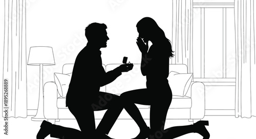 Man proposing to woman on one knee in living room