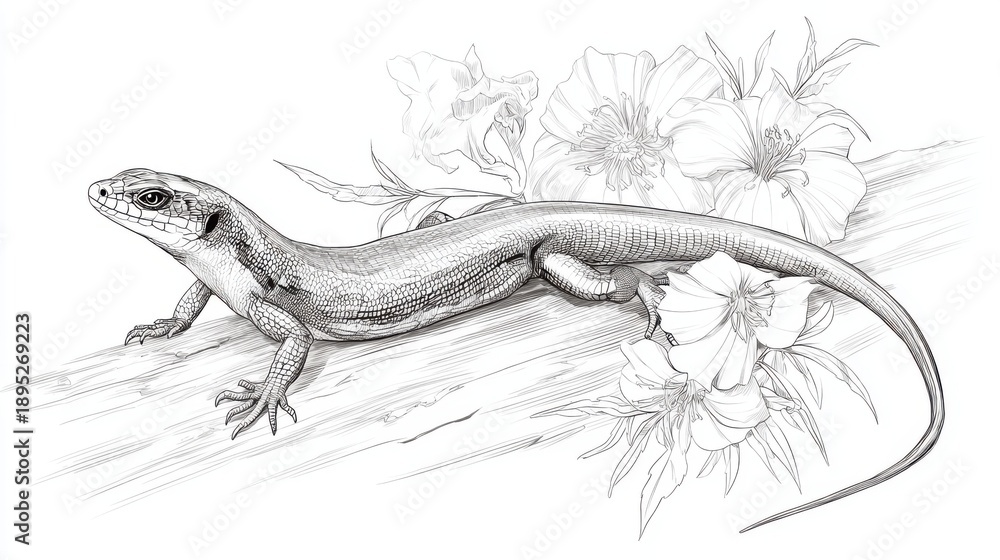 Fototapeta premium Detailed Sketch of a Lizard with Floral Elements and Natural Habitat