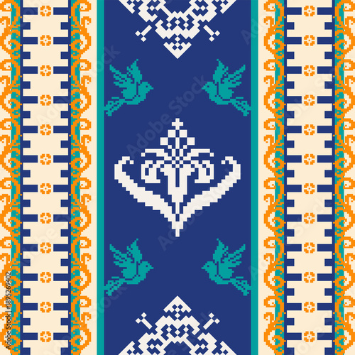 Seamless geometric pattern . pixel pattern. Design for clothing fabric textile ornamentation embroidery Hand stitched pattern . cultural stitching pixel art , Cross stitch pattern