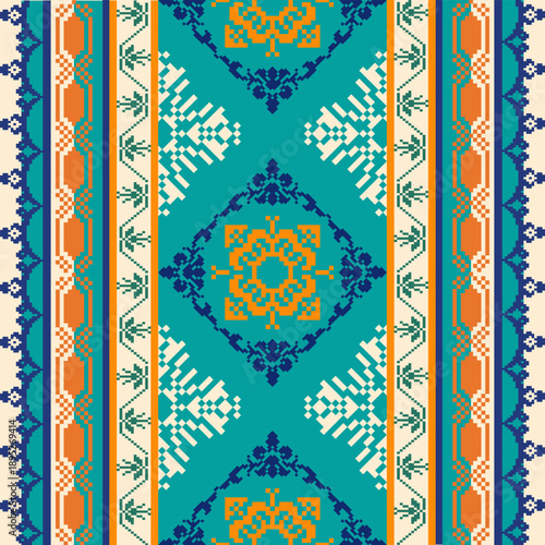 Seamless geometric pattern . pixel pattern. Design for clothing fabric textile ornamentation embroidery Hand stitched pattern . cultural stitching pixel art , Cross stitch pattern